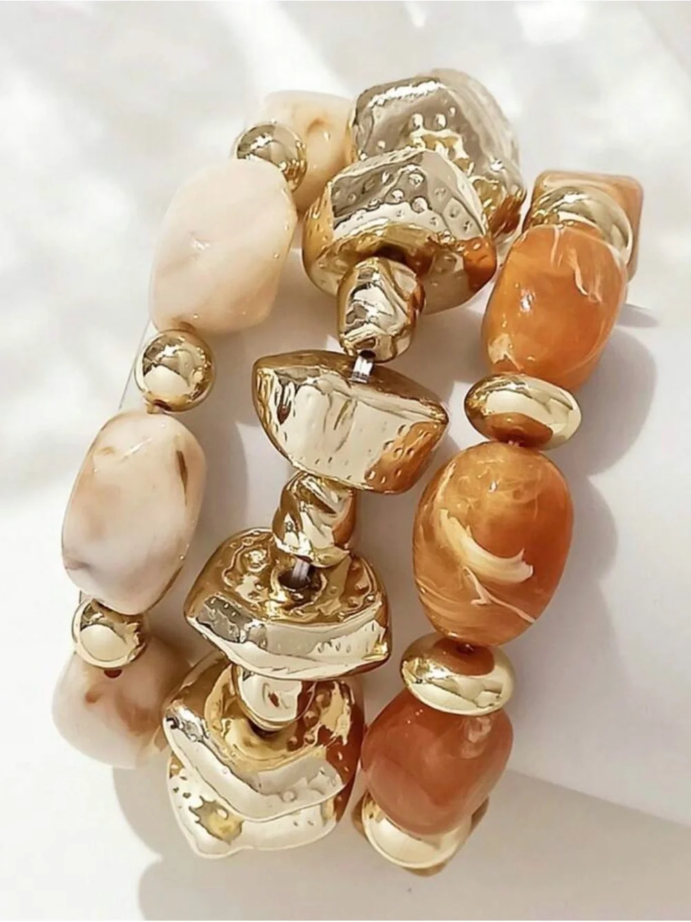 3pcs Gold and Cream Beaded Stretch Bracelet Set -good for mother day present